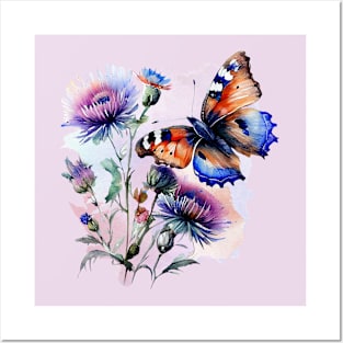 Watercolor Burretfly on a Thistle Posters and Art